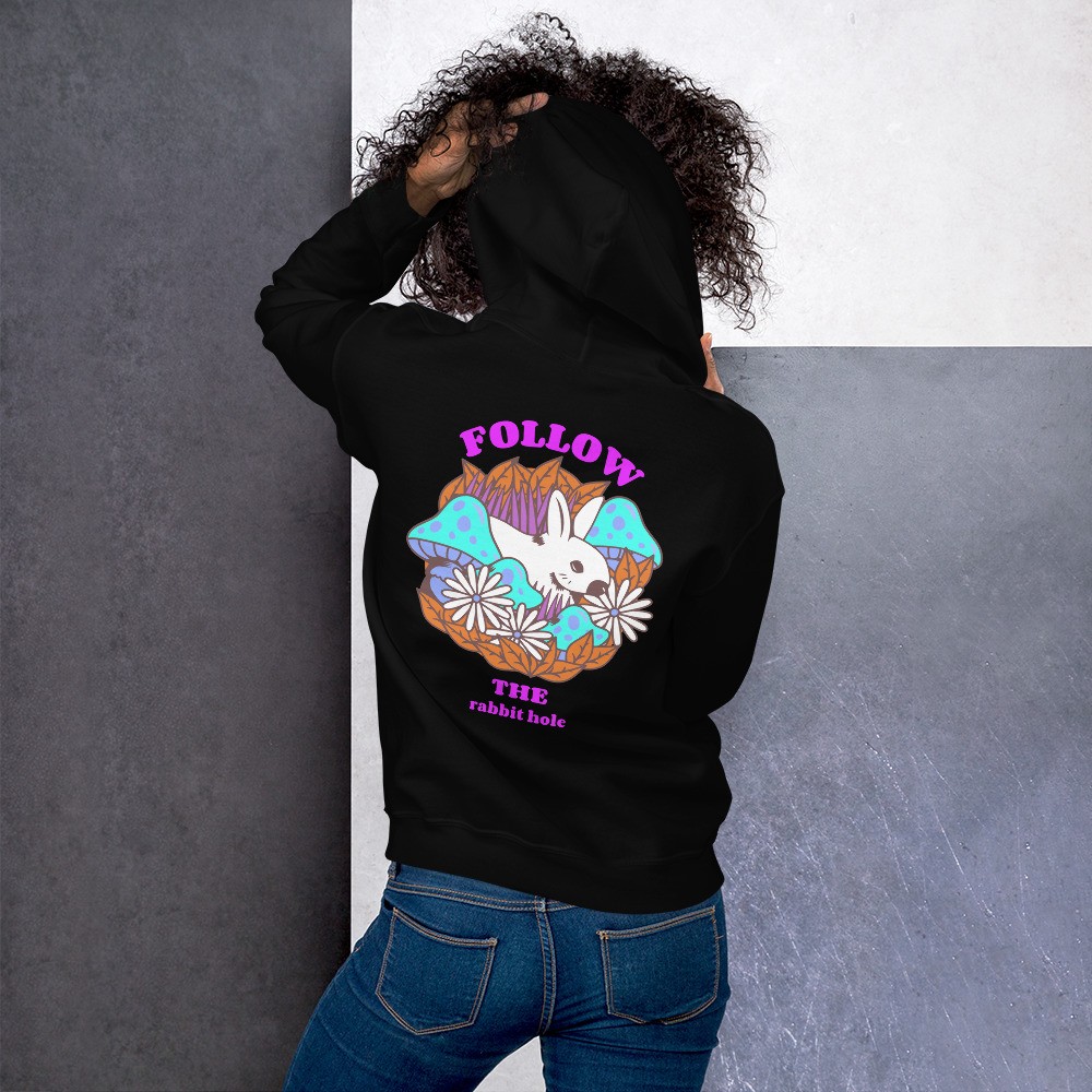Trippy design Unisex Hoodie, both side print, Follow the rabbit hole