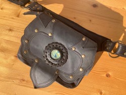 Handmade leather waist bag with labradorite gemstone, leaf style, elegant utility pouch fanny pack