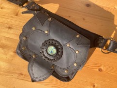 Handmade leather waist bag with labradorite gemstone, leaf style, elegant utility pouch fanny pack