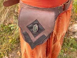 Handmade leather waist bag with labradorite gemstone, diamond arrow style