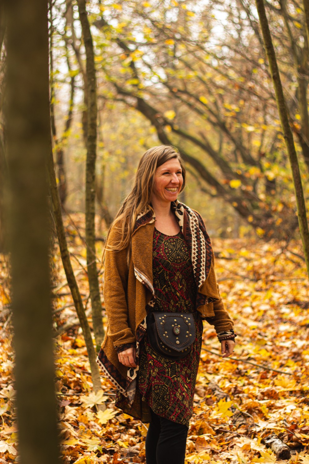 Dark leather bag with labradorite, metal dot style