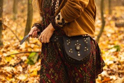 Dark leather bag with labradorite, metal dot style