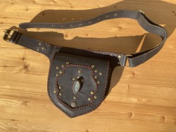 Dark leather bag with labradorite, metal dot style