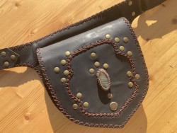 Dark leather bag with labradorite, metal dot style