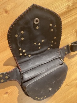 Dark leather bag with labradorite, metal dot style