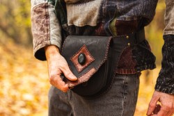 Leather bag with labradorite gemstone, diamond arrow style