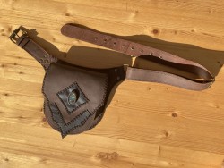 Leather bag with labradorite gemstone, diamond arrow style