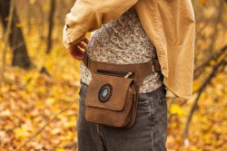 Handmade leather bag with a labradorite semi-precious stone, casual style.