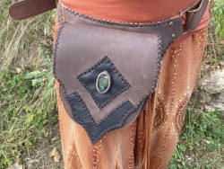 Leather bag with labradorite gemstone, diamond arrow style