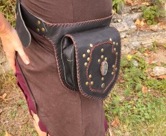 Dark leather handmade waist bag with labradorite gemstone, metal dot style