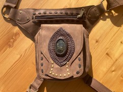 Handmade leather waist bag with labradorite gemstone and thigh strap